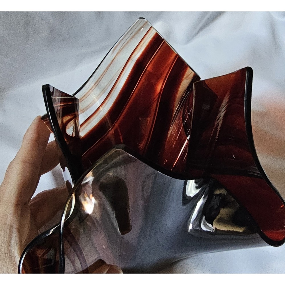 Tony Serveinte Glass Blown Folded Handkerchief Swirl Vase Signed Brown/Clear - Picture 3 of 15